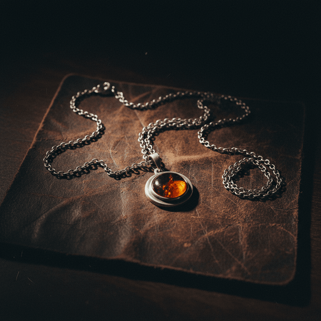 Silver pendant necklace on leather pad, side-lit at the bench