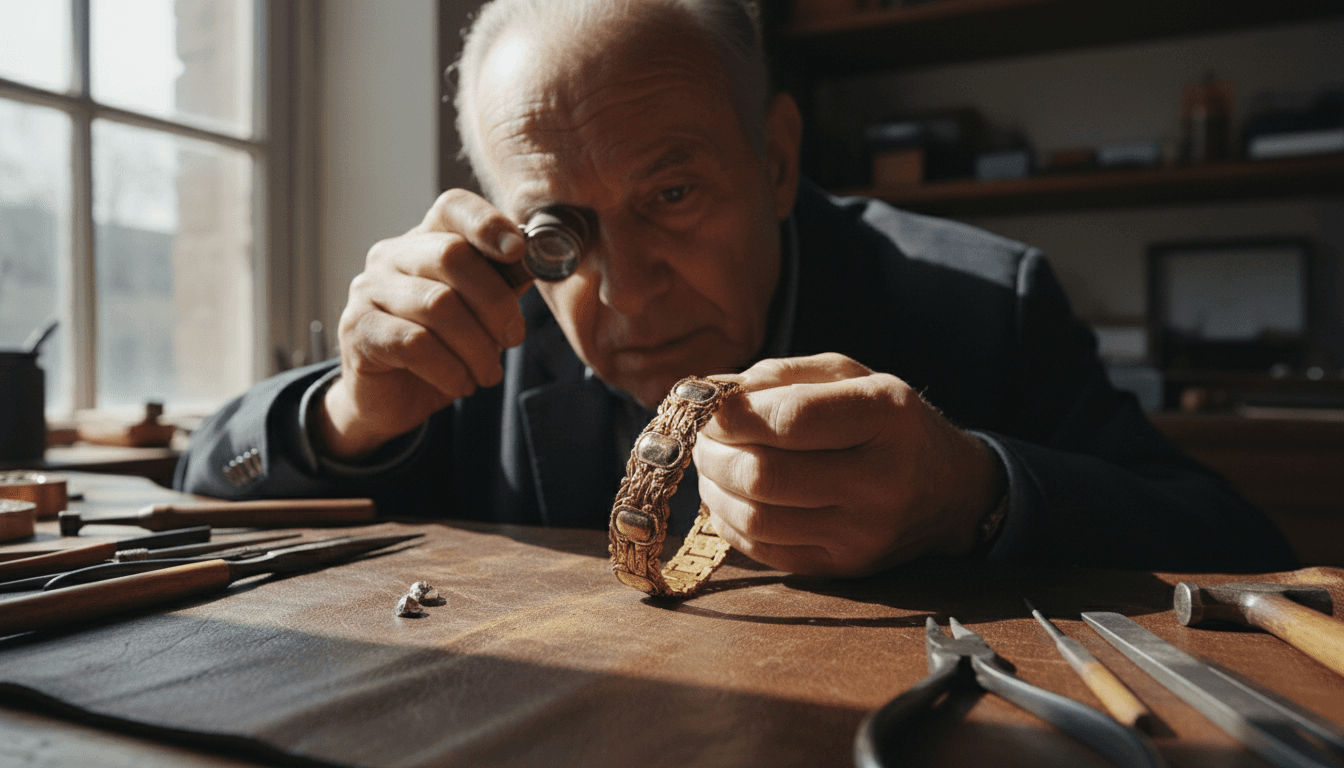 Jeweler inspecting a vintage bracelet under a loupe