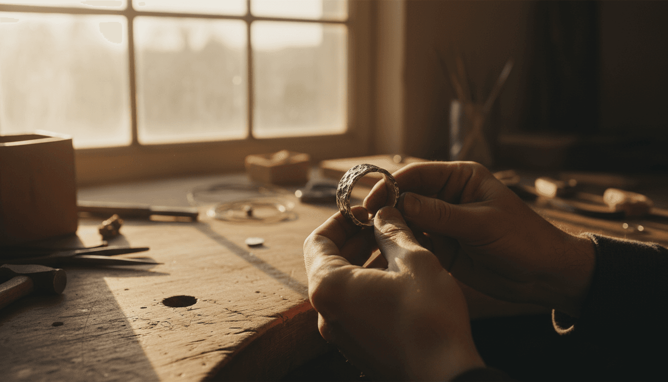 Jeweler's hands holding an unfinished metal ring blank on a workbench with natural morning light