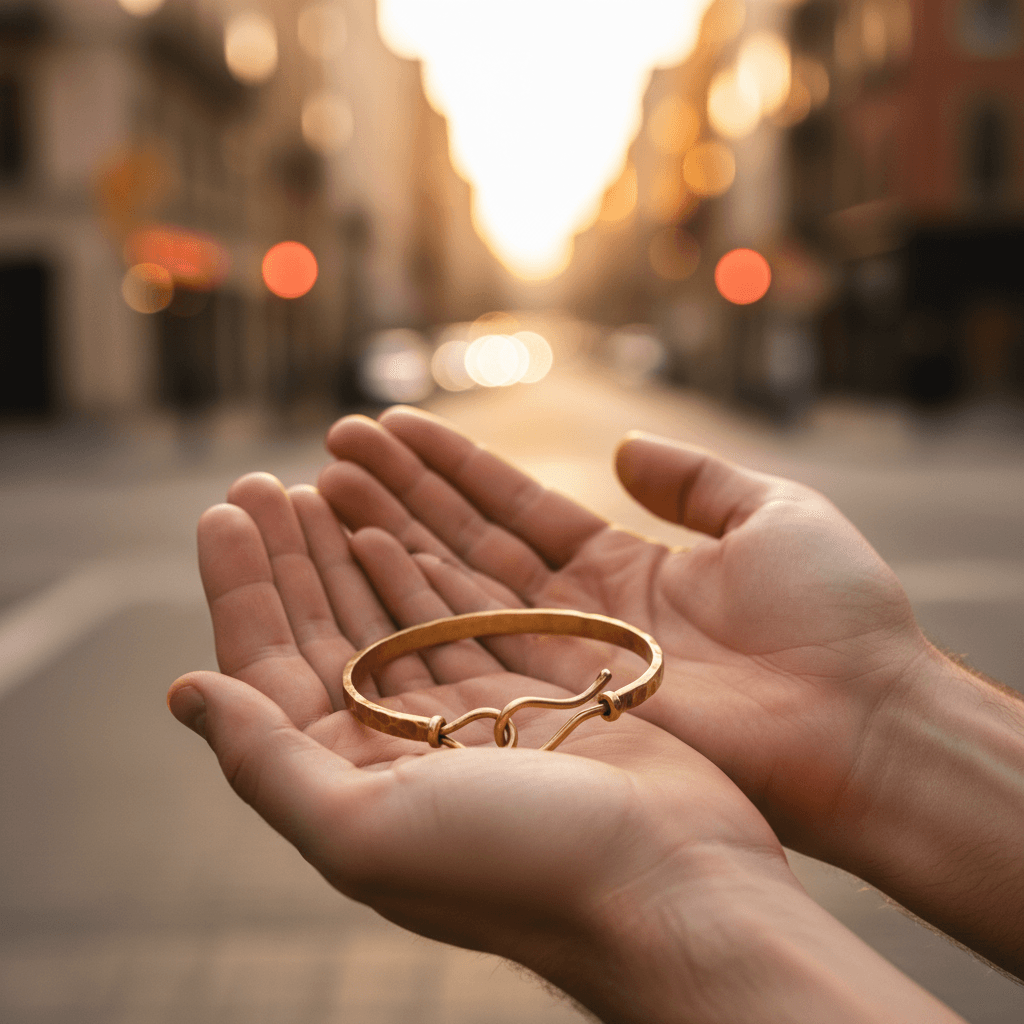 Hammered brass bracelet held in open palms in afternoon sunlight
