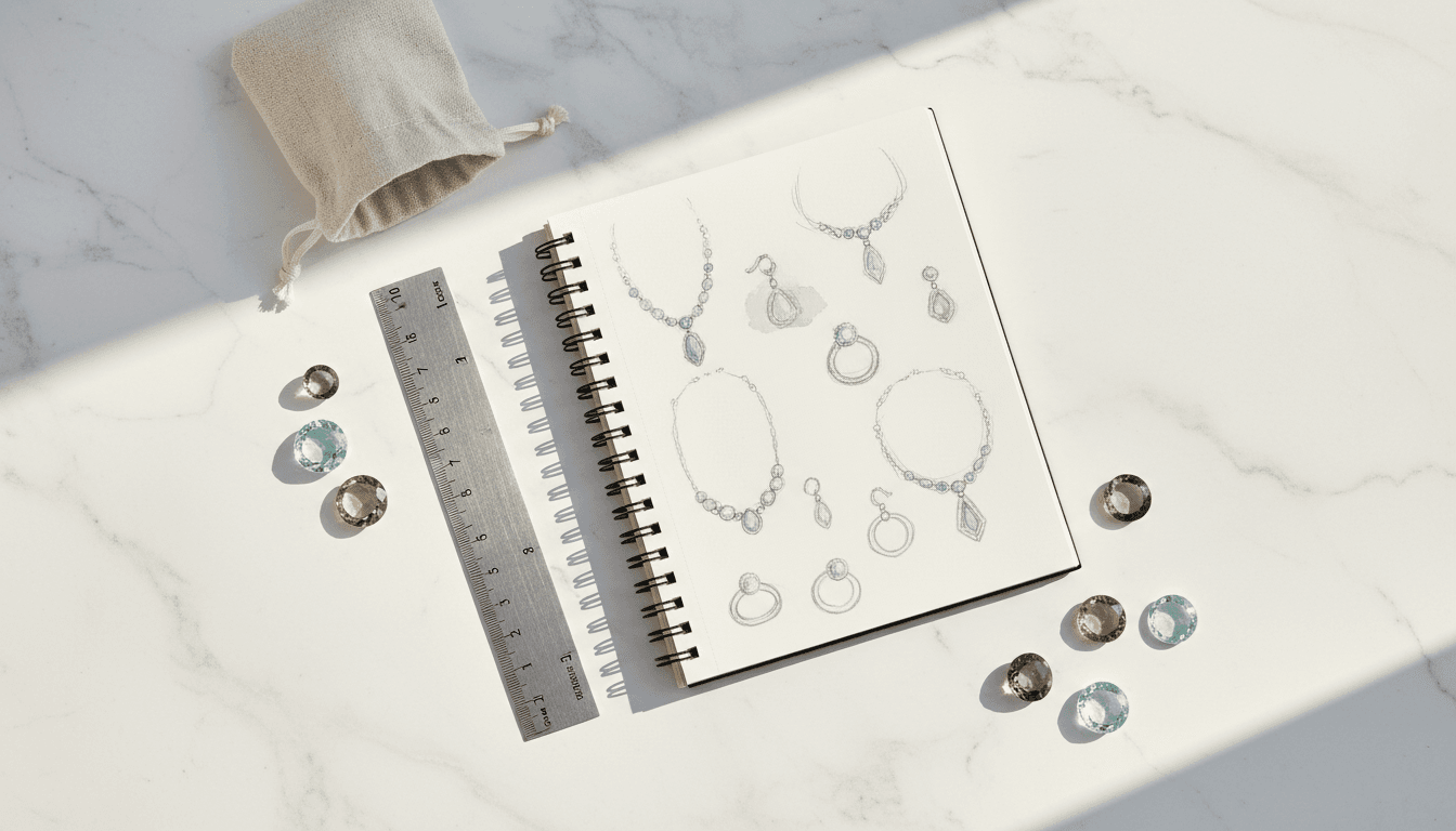 Notebook with hand-drawn jewelry sketches and loose gemstones on a desk