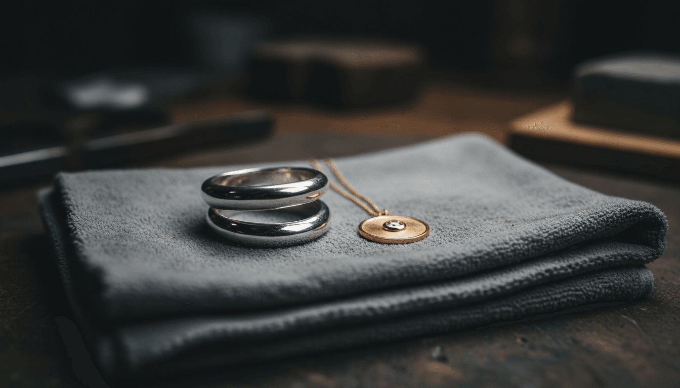 Hand-polished ring and pendant on a cloth
