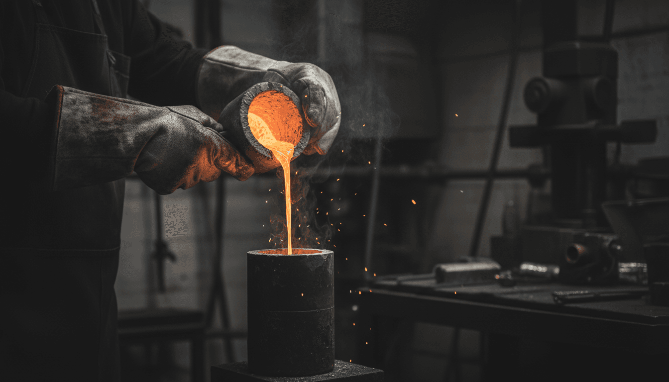 Molten metal being poured into a casting flask