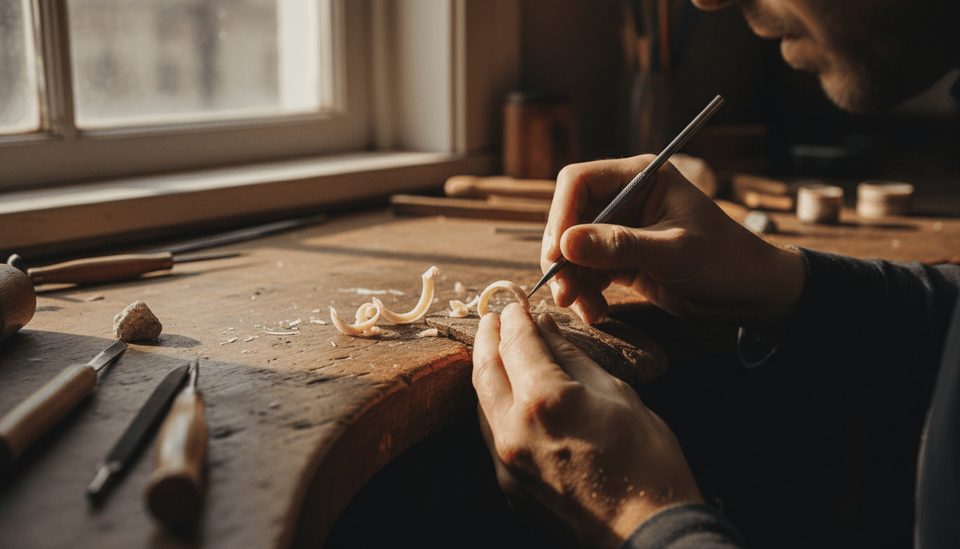 Close-up of hands carving a wax ring model at a jeweler's bench