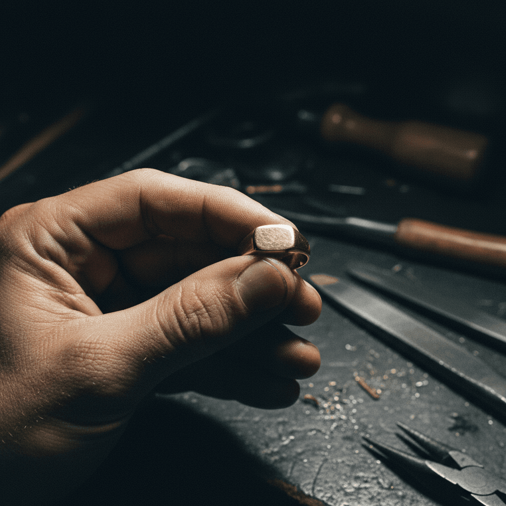 Gold ring with carved band, held between finger and thumb at the bench