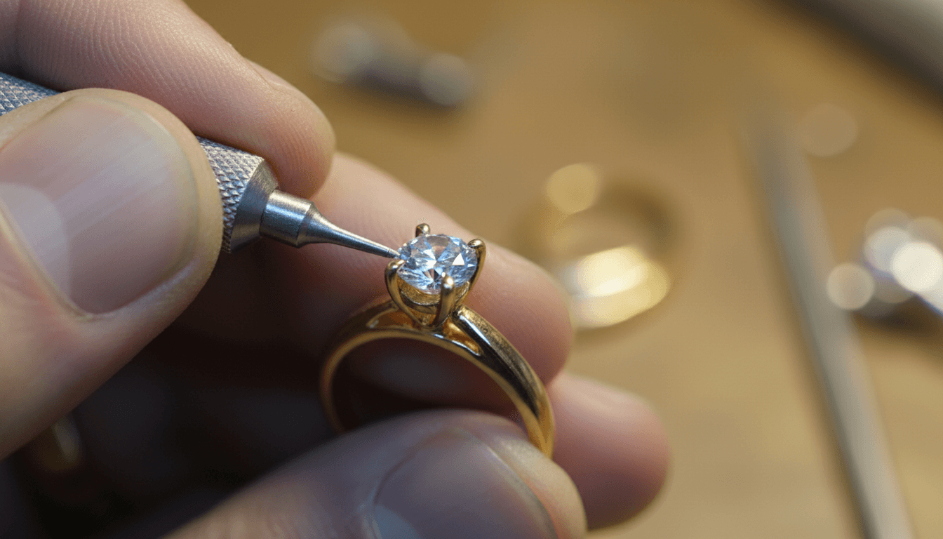 Close-up of setting a gemstone into a ring prong