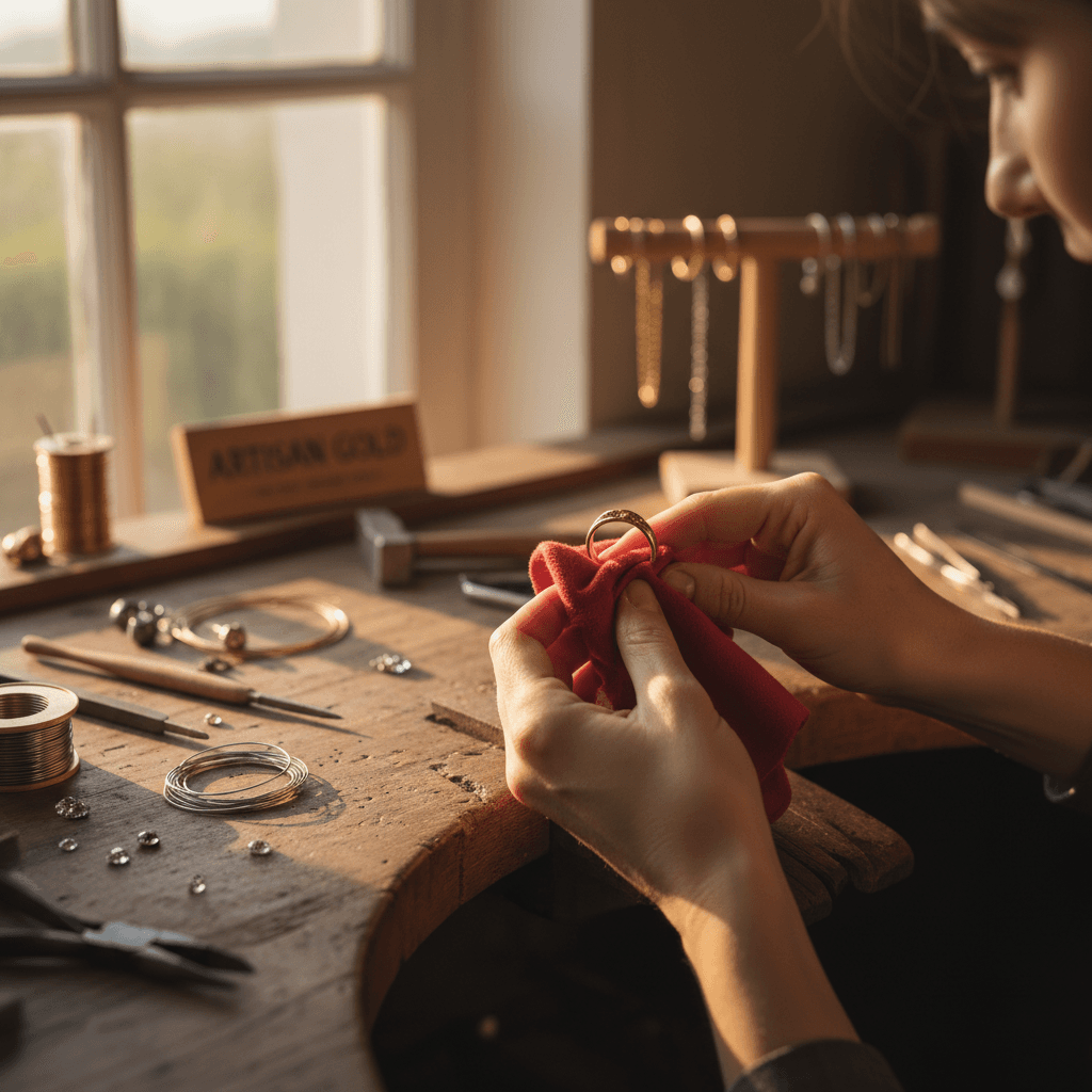 Jeweler polishing a finished pendant with a buffing wheel