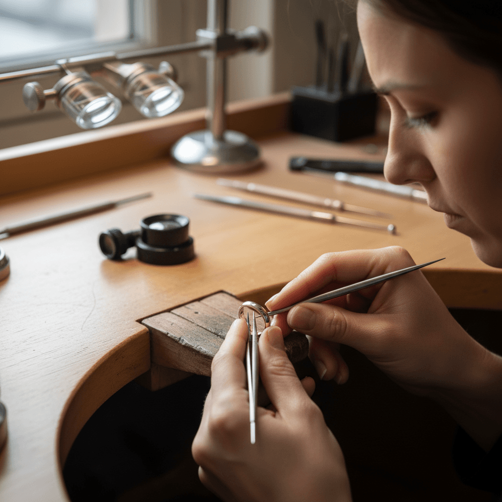 Jeweler's hands working at a bench with tools and a ring mold in a Chicago workshop
