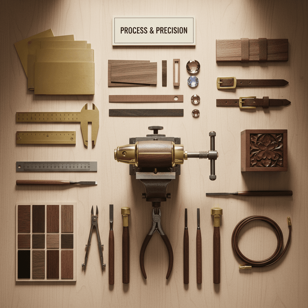 Jeweler's workbench with event preparation items and rings