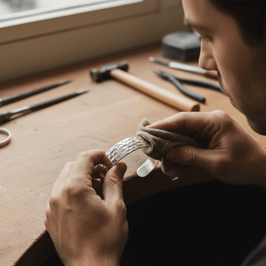 Jeweler's hands measuring a raw metal piece at a workbench