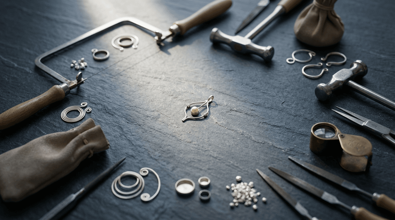 A jeweler's workbench in Chicago with a task lamp, tools, and metal shavings, captured in a warm and intimate atmosphere