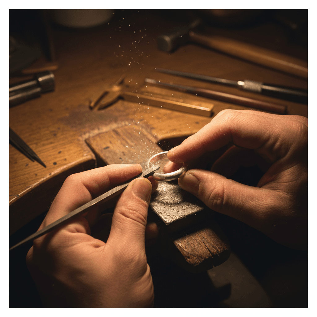 Polished metal casting held in a jeweler's hand, showing smooth finish and fine details