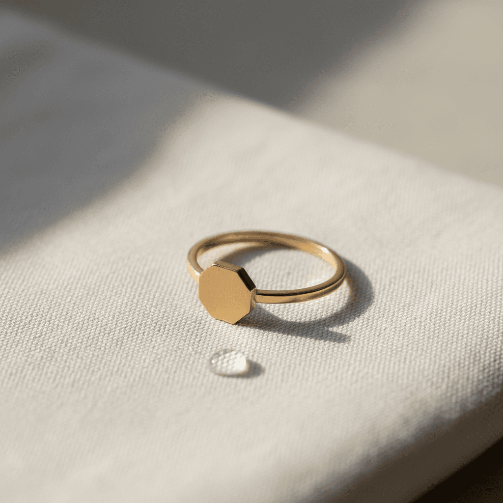 Finished polished gold band resting on black felt next to a polishing wheel