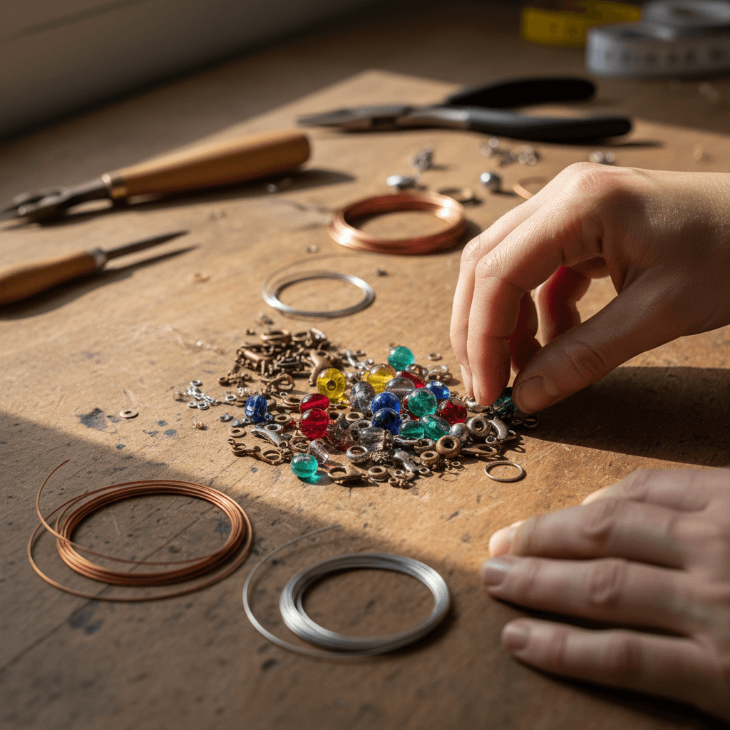 Half-finished pendant in a vise with needle files on the bench