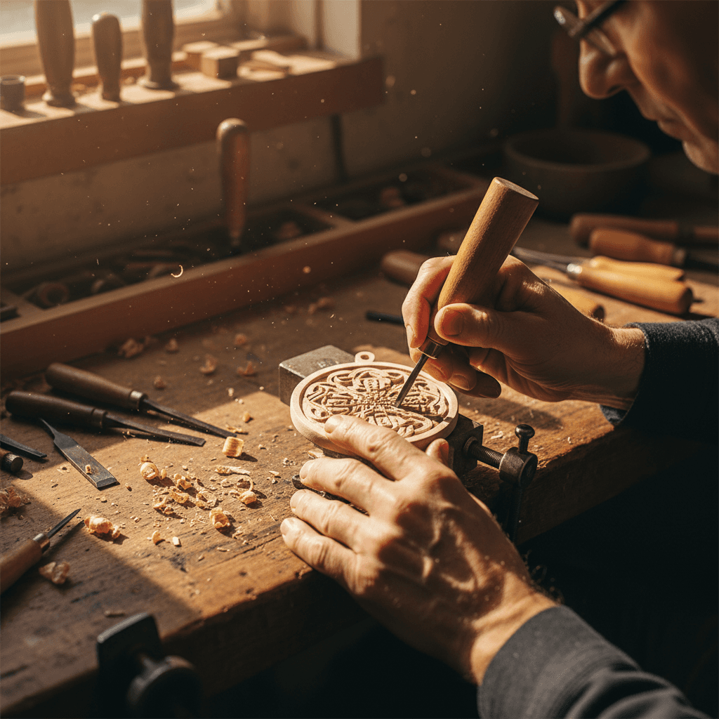 Raw wax carving blank with jeweler's tools on a wooden workbench