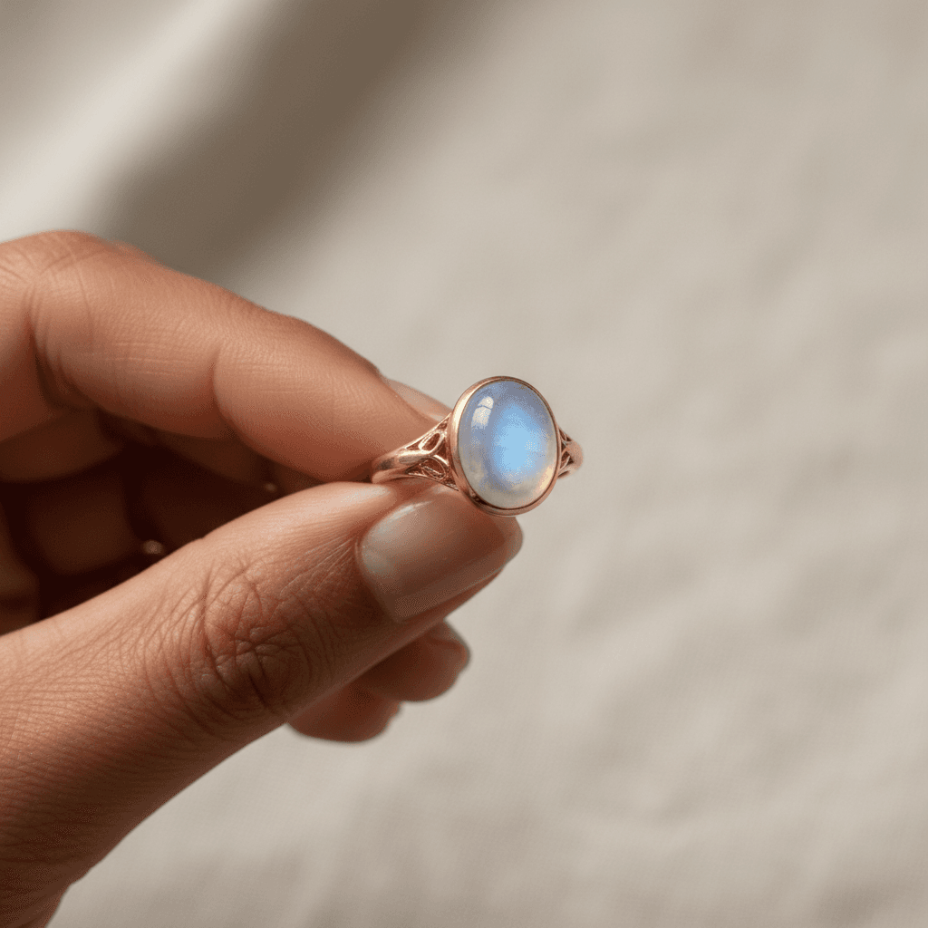 Finished silver ring resting on a used polishing cloth on a wooden counter