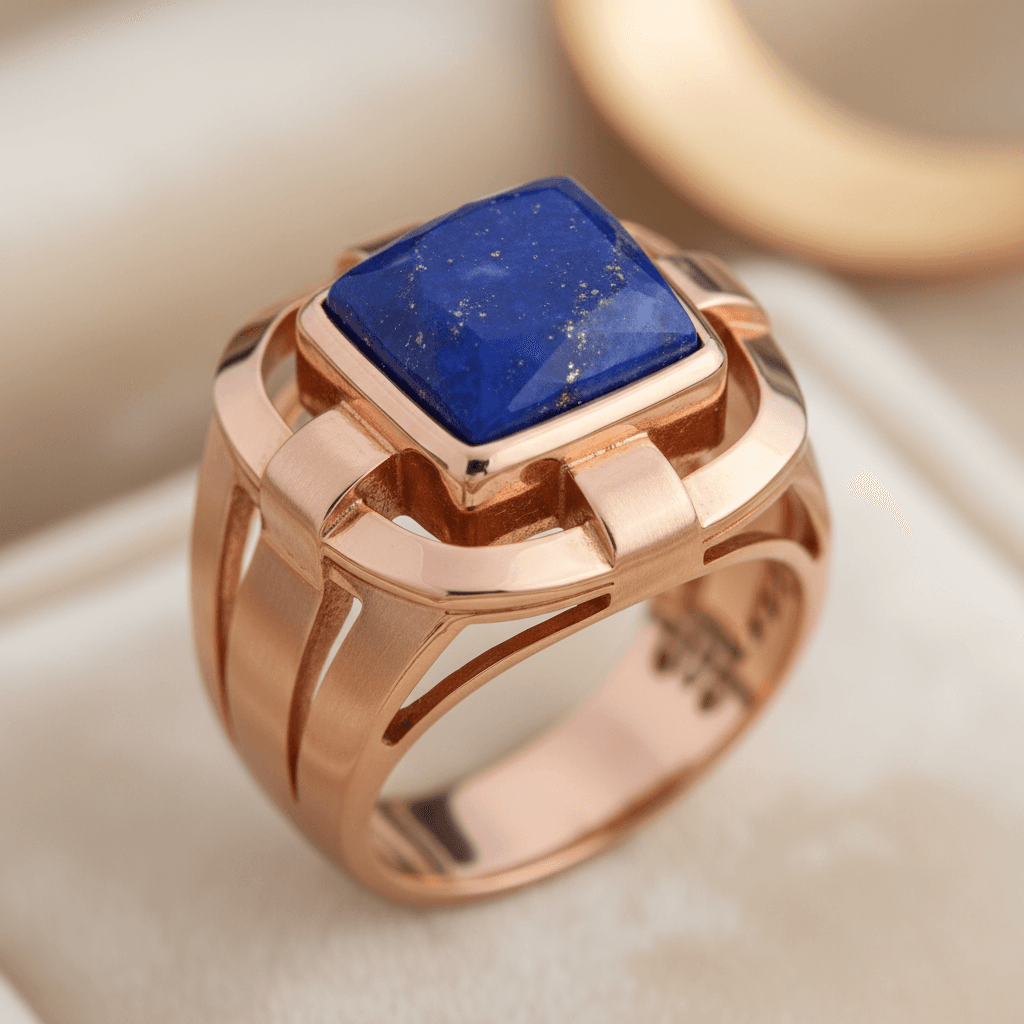Close-up of an unfinished custom ring on display at a show