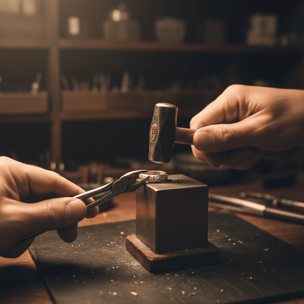 Jeweler's hands forming a ring band on a bench anvil with hand tools
