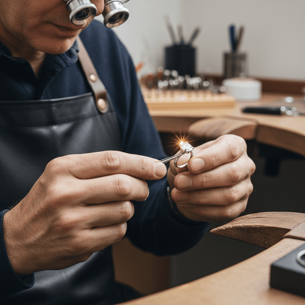 Jeweler setting a stone by hand at a trade show booth