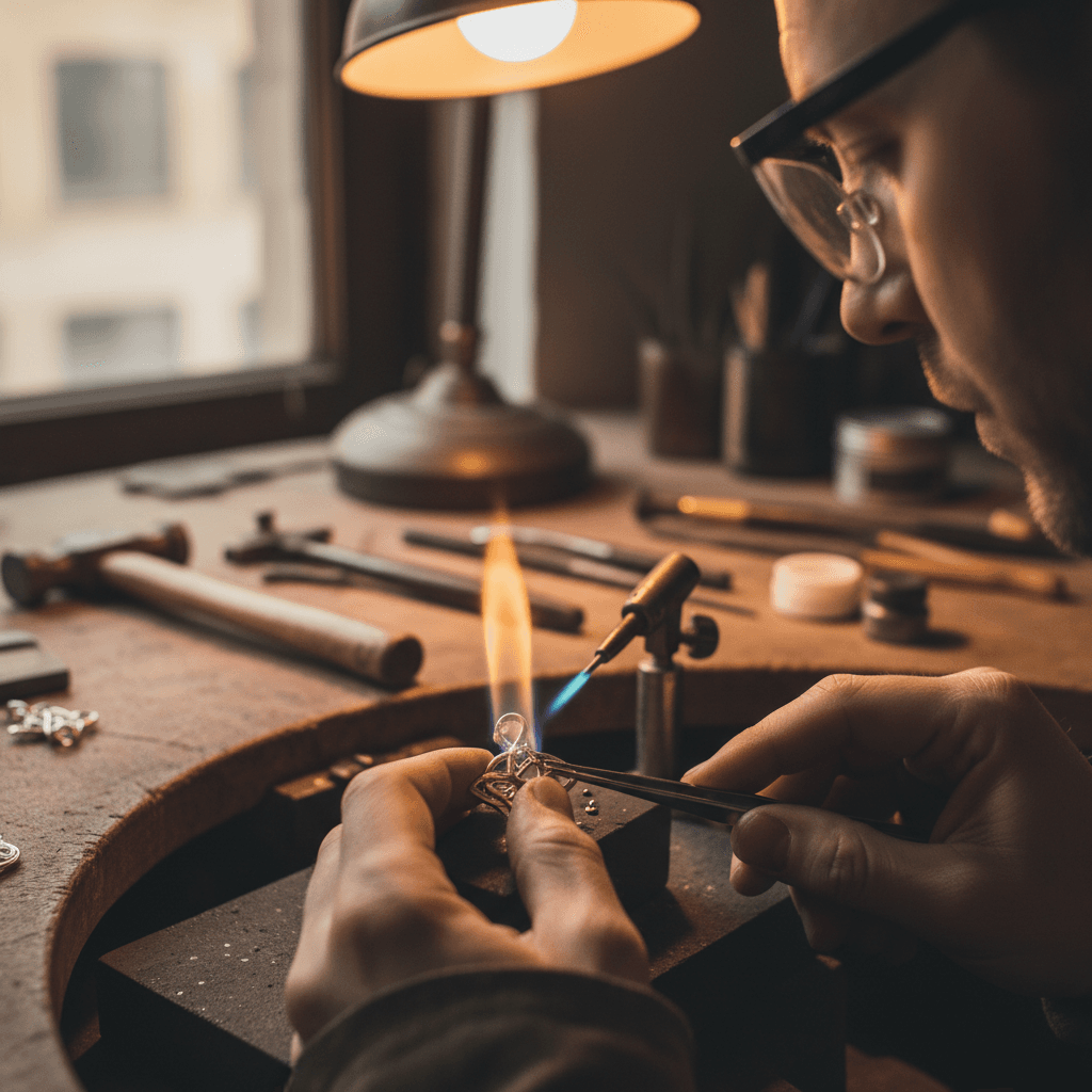 Jeweler soldering a broken gold chain